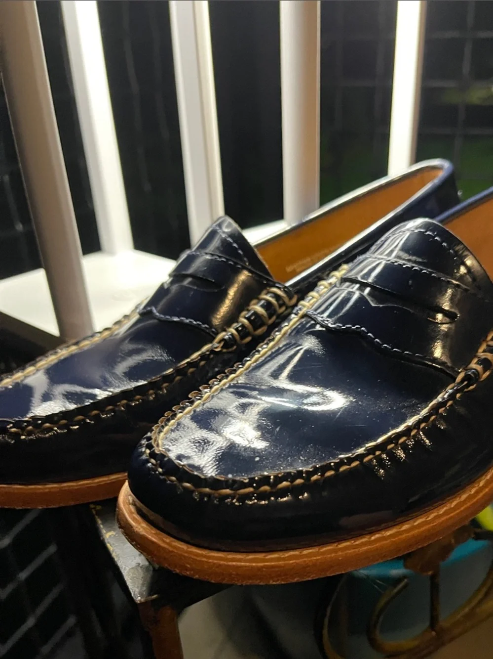 Weejuns G.H. Bass &Co Glossy Navy Penny Loafers with Tan Welt